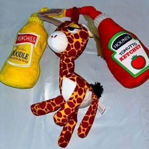 BARK BOX 2 Dog TOYS NEW ketchup Mustard Giraffe L crinkle Squeaky Tug Pull FUN